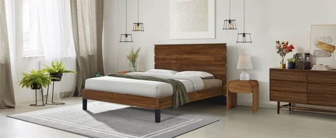 Mid-Century Modern Solid Wood Bed Frame King Size Platform Bed with Six-Piece Headboard Design, No Box Spring Needed, Brown