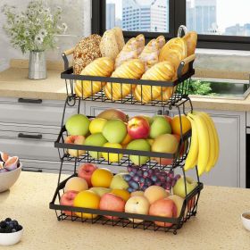 3 Tier Fruit Basket Bowl Farmhouse with Side hooks for Kitchen Countertop, Detachable Metal Bread Fruit Vegetable Storage Basket Stand Holder with Woo