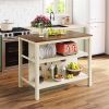 Solid Wood Rustic 45" Stationary Kitchen Island, Rubber Wood Butcher Block Dining Table Prep Table with 2 Open Shelves for Small Places,Walnut+Cream W