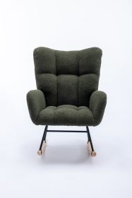 Rocking Chair, Soft Teddy Velvet Fabric Rocking Chair for Nursery, Comfy Wingback Glider Rocker with Safe Solid Wood Base for Living Room Bedroom Balc (Color: Dark Green)